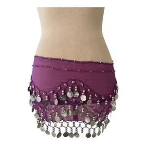 Purple Belly Dance Hip Scarf with Silver Coins